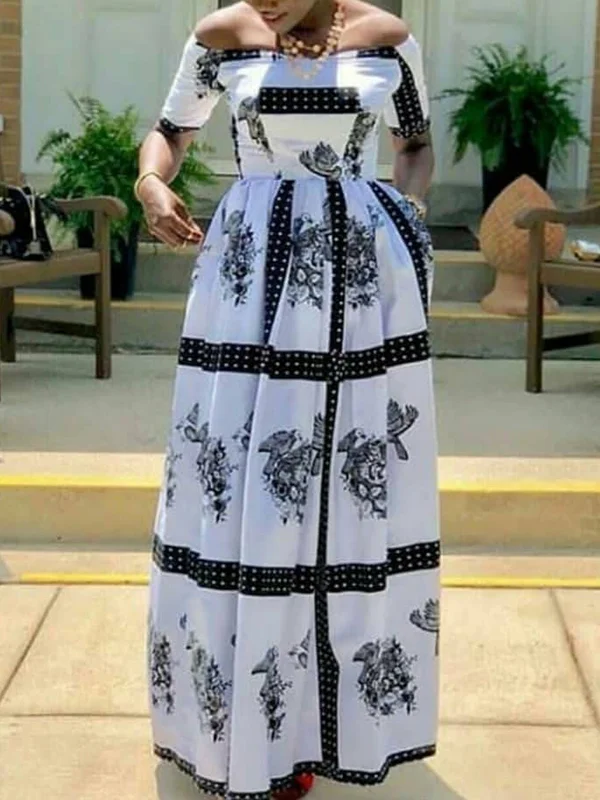 Casual Off-The-Shoulder Printed Short Sleeve Loose Maxi Dress