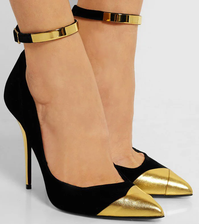 Sivo Gold Stiletto Ankle Strap Pumps