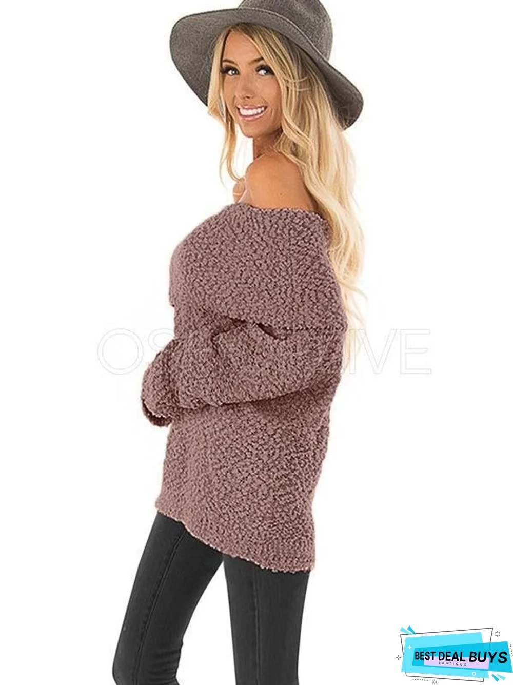 Plain One-Shoulder Collar Velvet Sweater