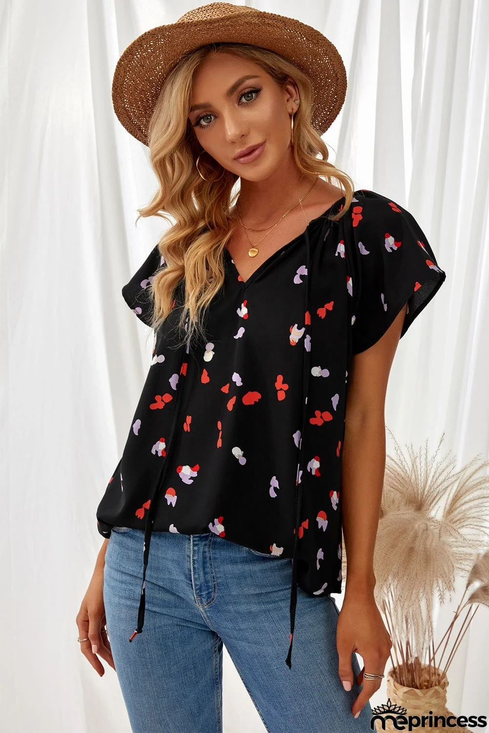 V-neck Short Sleeve Fashion Print Fantasy Fluttering Blouse