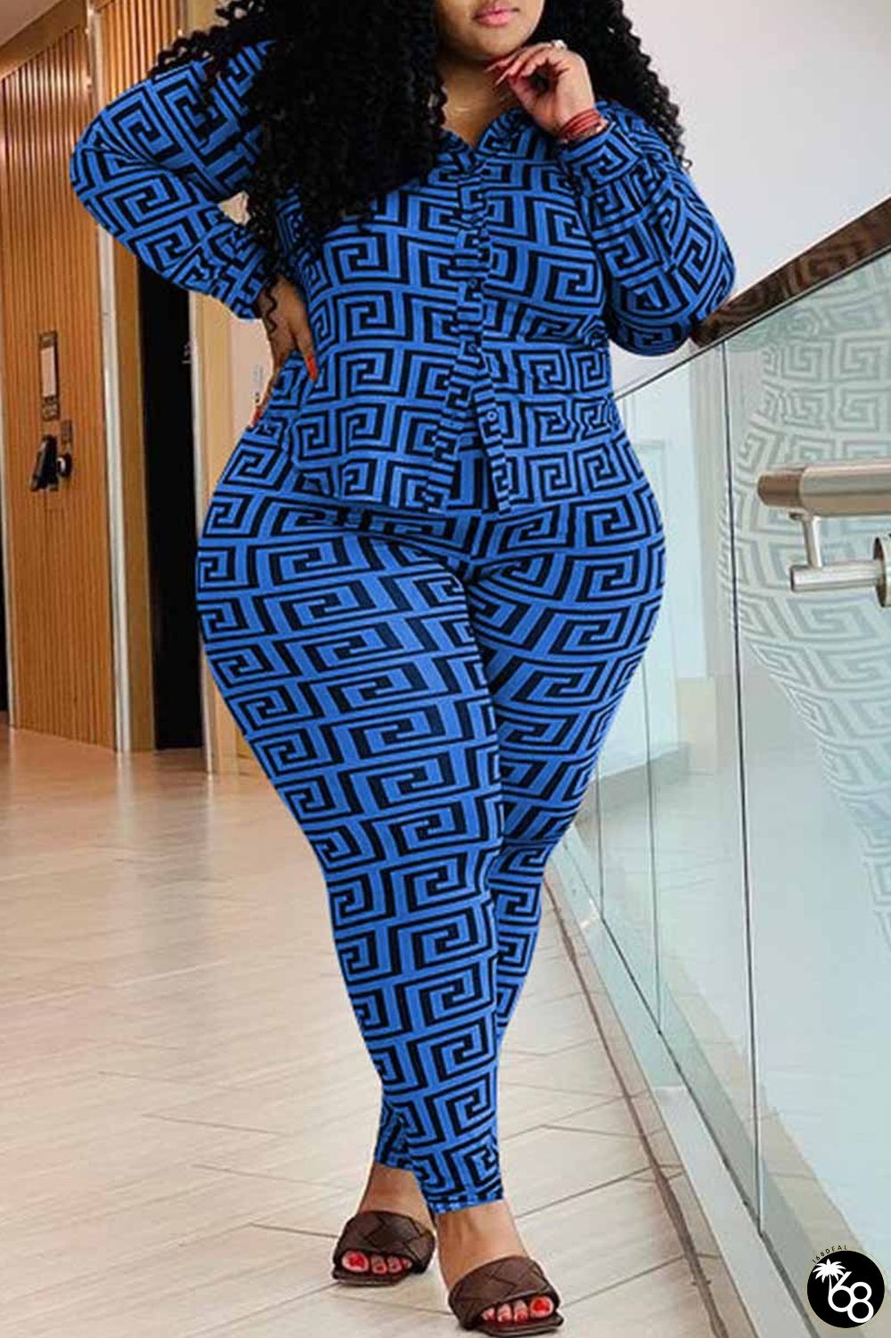 Royal Blue Casual Print Patchwork Turndown Collar Plus Size Two Pieces | 168DEAL