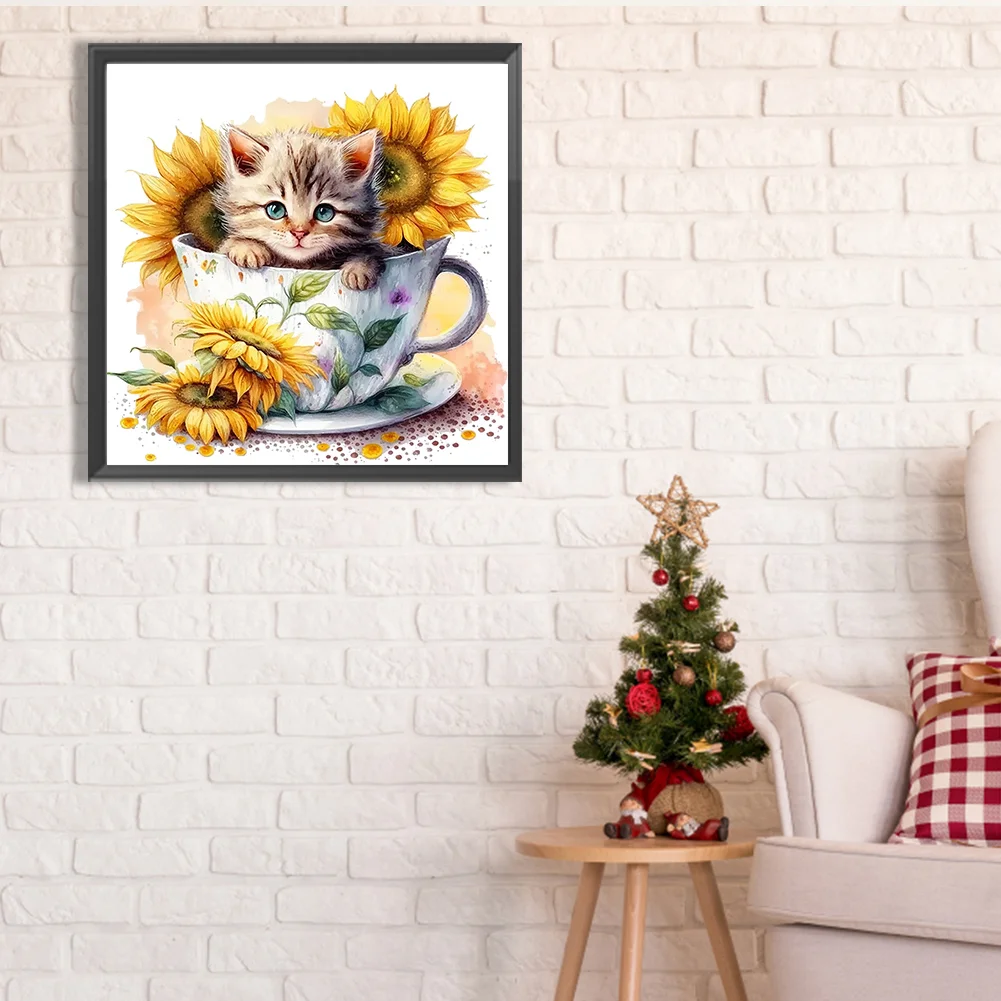 Diamond Painting - Full Square Drill - Cup Sunflower Cat(Canvas|35*35cm)