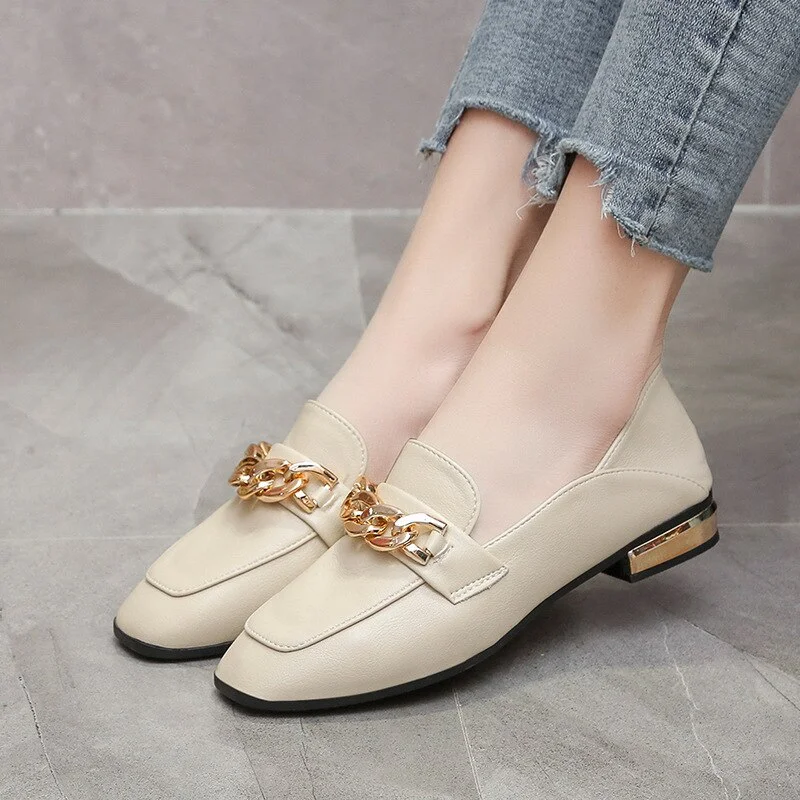 Qjong Spring Autumn Retro Square Toe Metal Decoration Female Shoes ...