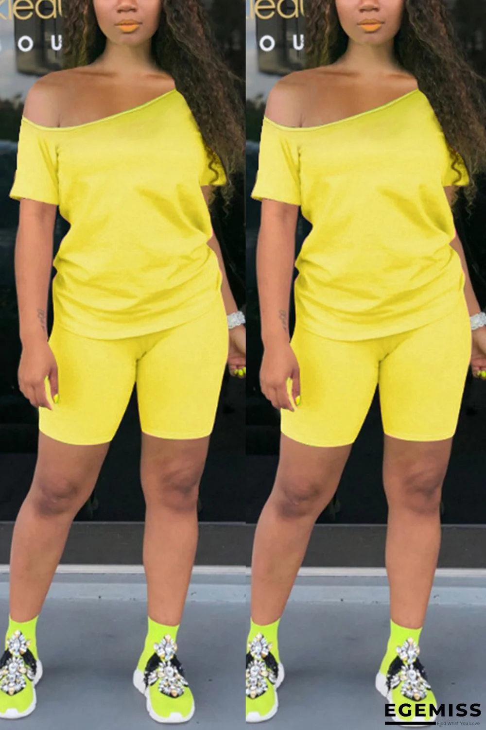 Yellow Fashion Short Sleeve T-shirt Shorts Casual Set | EGEMISS