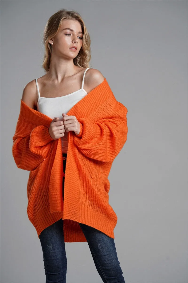 Fitshinling 2020 Winter Cardigans Outerwear Coat Pockets Orange Oversized Women's Knitted Jacket Sweater Long Cardigan Female