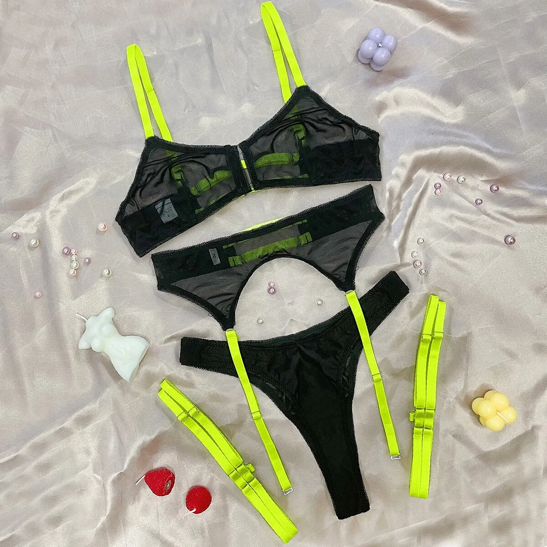 MIRABELLE Mesh Erotic Lingerie Set Woman 3 Piece See Through Sexy Bra Set Lace Underwear Brief Sets Intimate Transparent Outfits