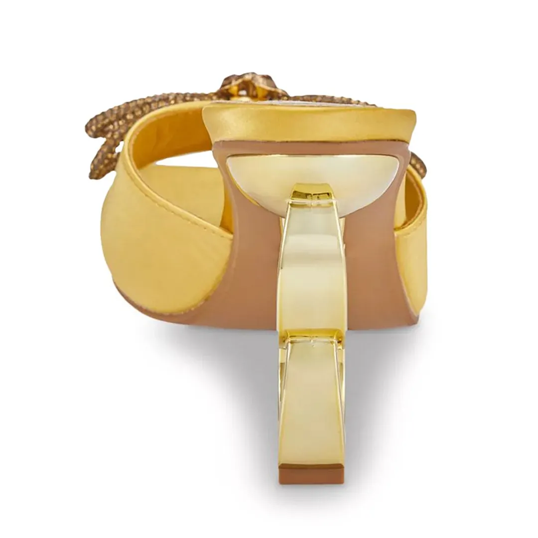 Wide Strap Square Toe Sculptural Heel Gold Sandals with Rhinestone Bow