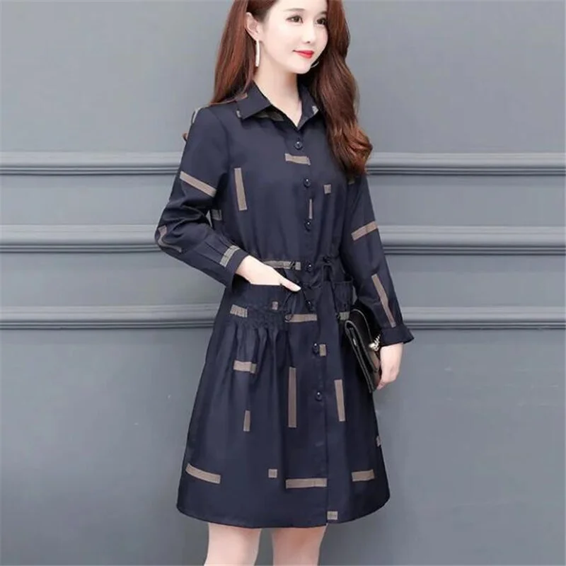 Tunic Coat Women Loose Trench Coat Drawstring Belted Cloak Lapel Pleated Pocket Outwear Autumn Thin Casual Buttons Windbreaker