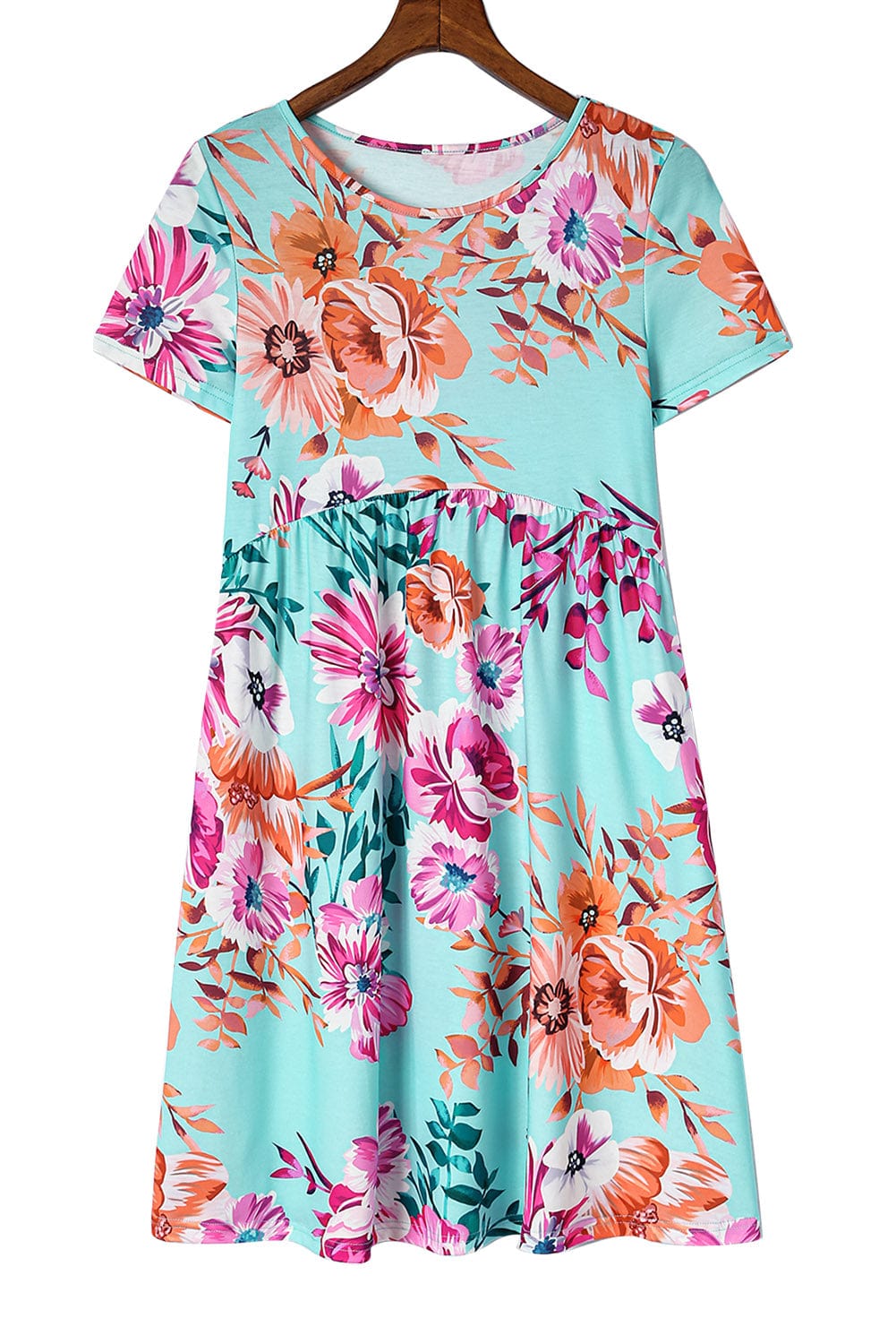 Floral Print Sky Blue T-shirt Dress with High Waist