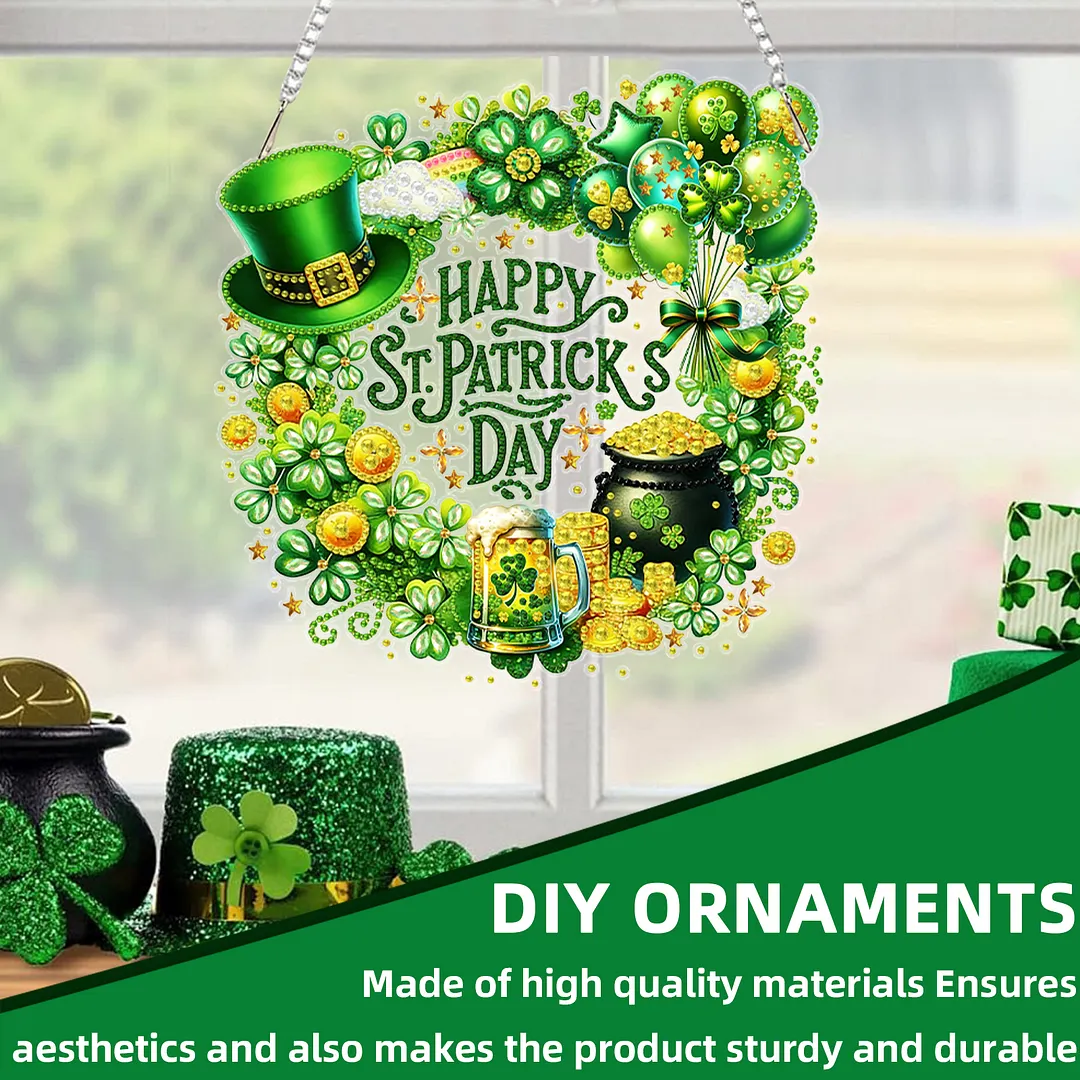 St Patricks Wreath DIY 2D Flat Acrylic Diamond Painting Kits 5D Diamond Art Painting Window Pendants for Home Garden Wall Decoration