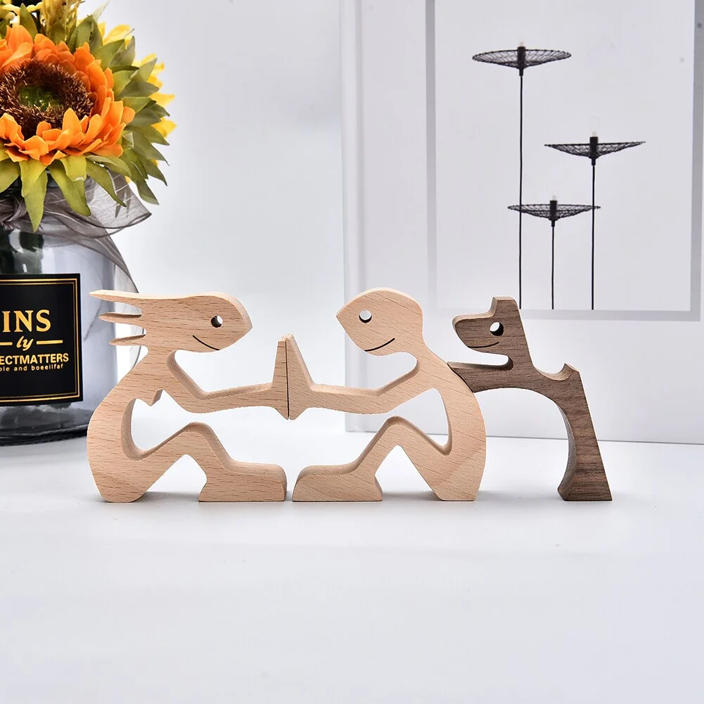 Wood Puppy Family Table Figurin Decor Ornaments Wooden Dog Craft Statue Home Decoration Cute Human and Pets Sculpture Craft Gift