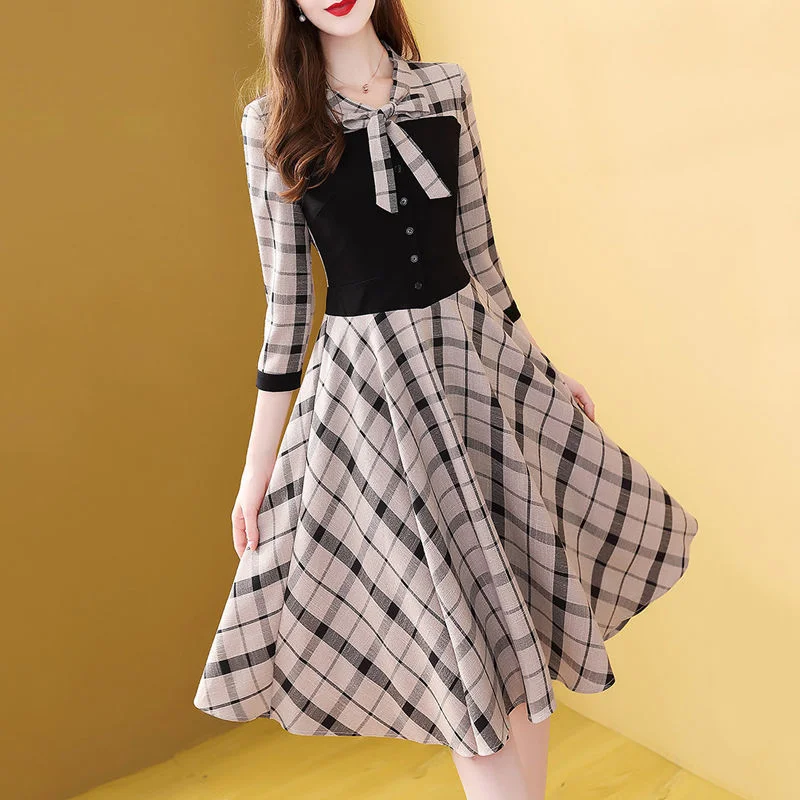 Jangj Lady Fashion Spring Autumn Slim Long Sleeved Dress Patchwork Empire Plaid Elegant Slender Turn-down Collar Women Clothes