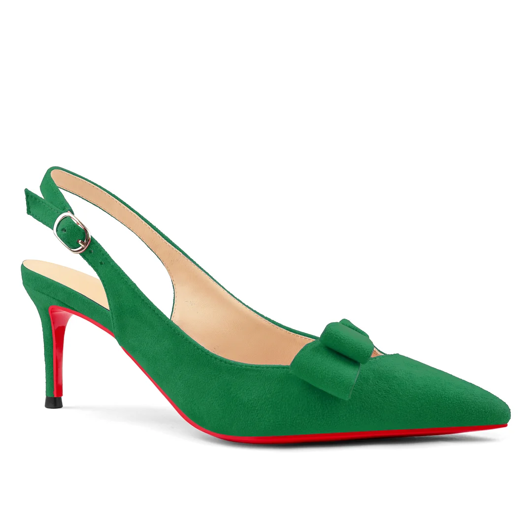 60mm Women's Pointed Toe Kitten Heels Bow-Knot Slingback Pumps Red Bottom Suede Sandals-MERUMOTE