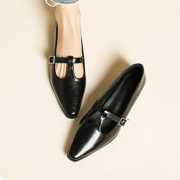 T-Strap Buckle Solid Color Square Toe Casual Low Heels