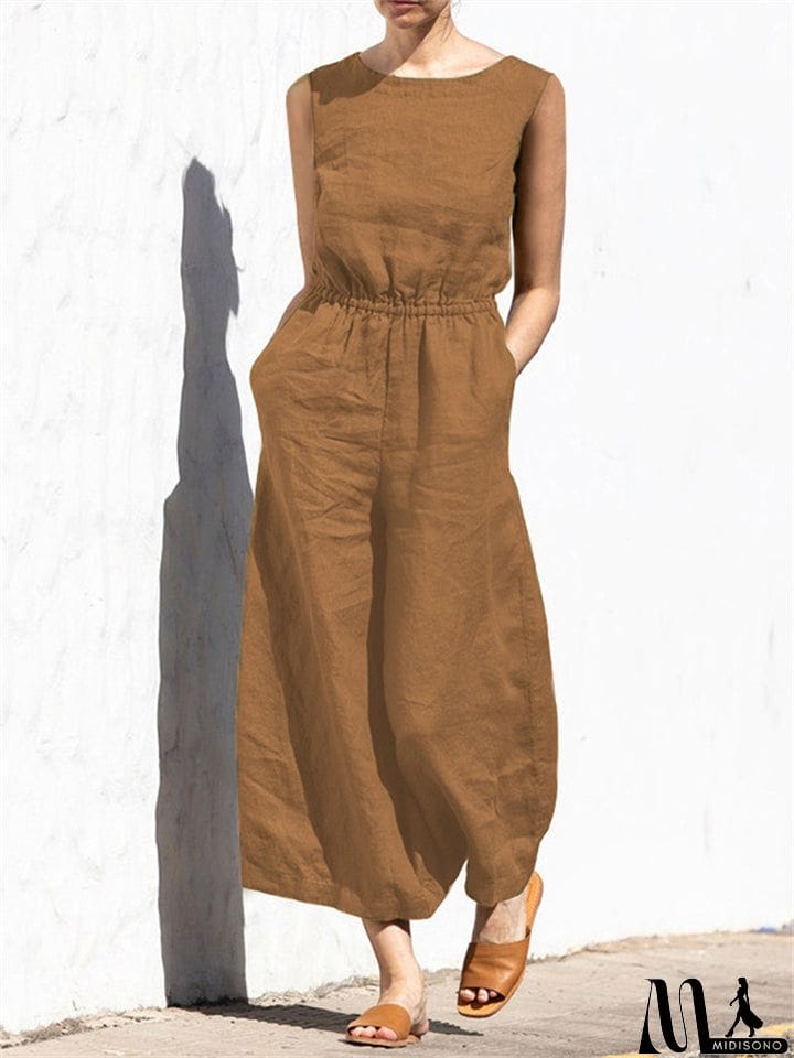 MidiSono - Summer Solid High Waist Sleeveless Lady Fashion Classy Jumpsuit