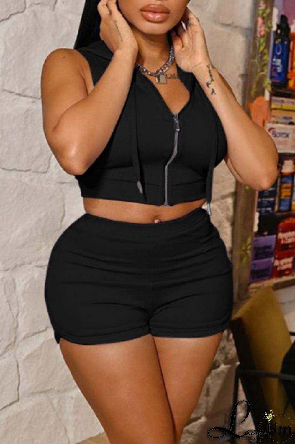 Black Casual Solid Basic Hooded Collar Sleeveless Two Pieces