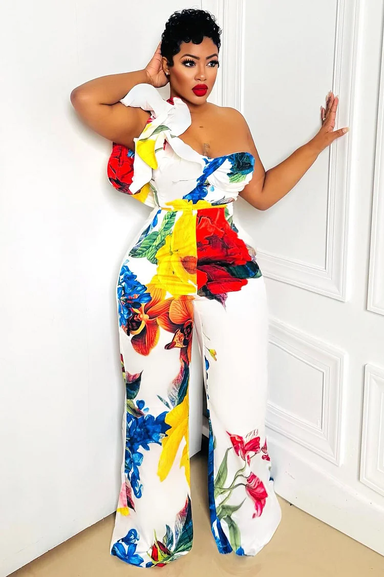 One Shoulder Ruffle Floral Print Party Wide Leg Jumpsuit-White [Pre Order]