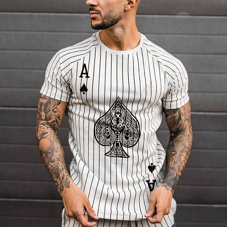 Poker The Ace of Spades Print Stripe Short Sleeve T-shirt