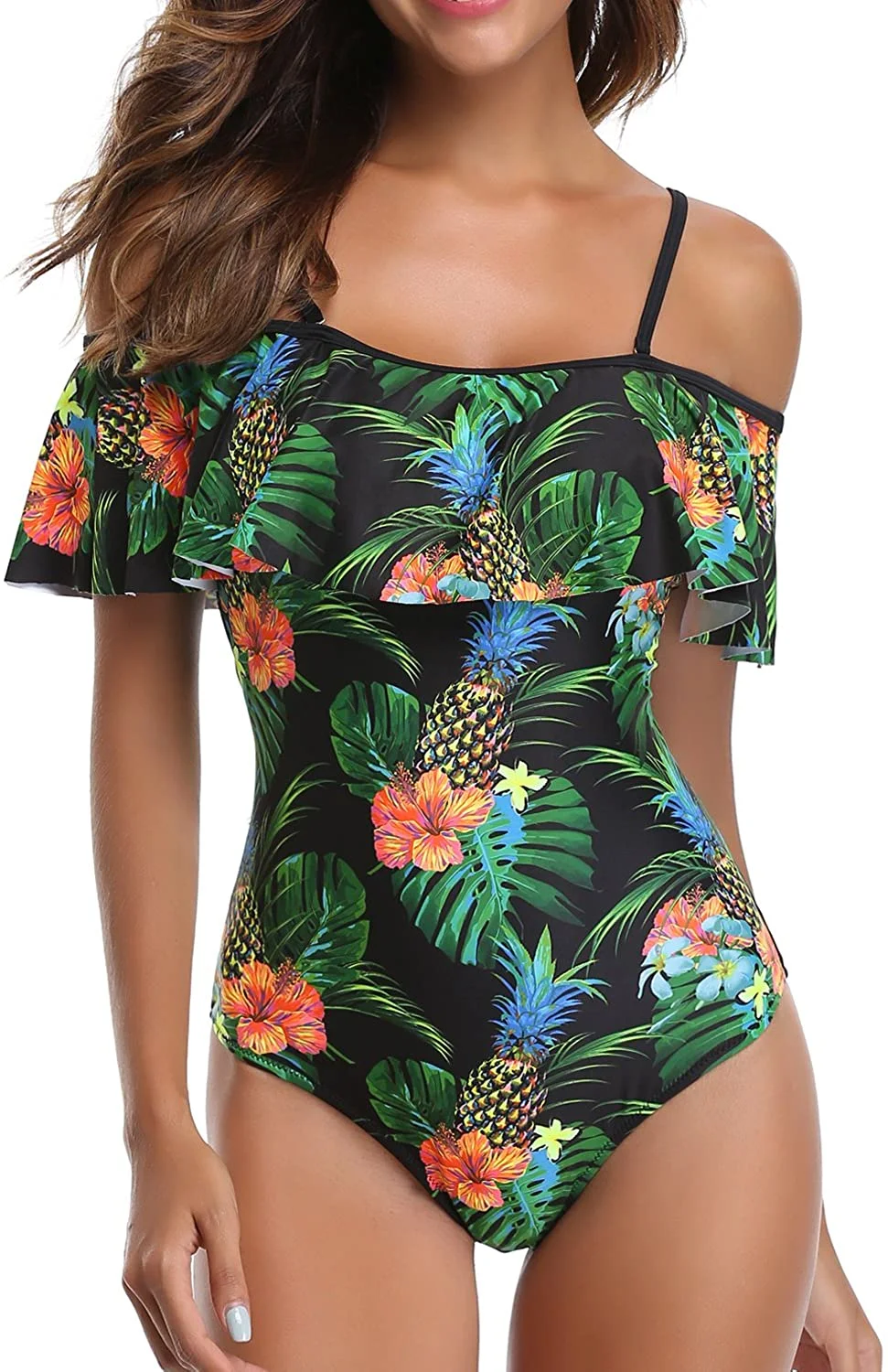 Women's One Piece Retro Ruffle Printed Off Shoulder Slimming Swimsuit