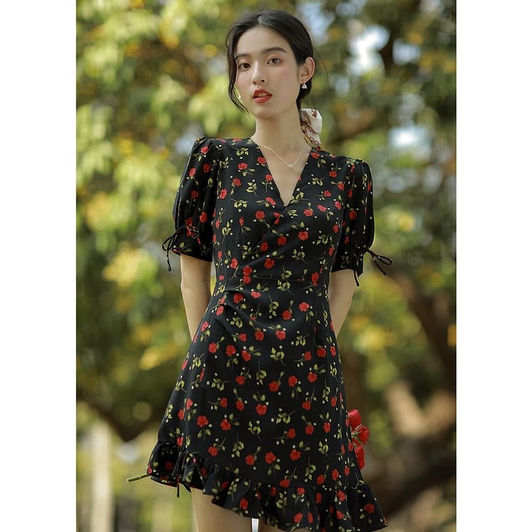 Fairy Tales Aesthetic Floral Print V Neck Mini Dress QueenFunky