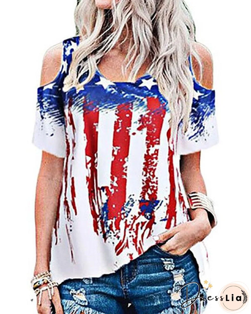 American Flag Round Neckline Half Sleeve Blouses