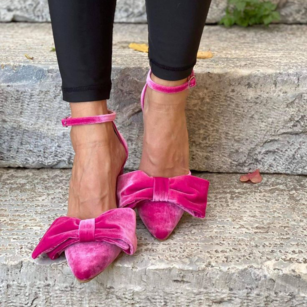 Pink Velvet Closed Pointed Toe Ankle Strappy Pumps  With Chunky Heels Nicepairs