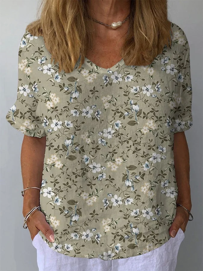 Womens Retro Floral Casual V-Neck Cotton And Linen Top