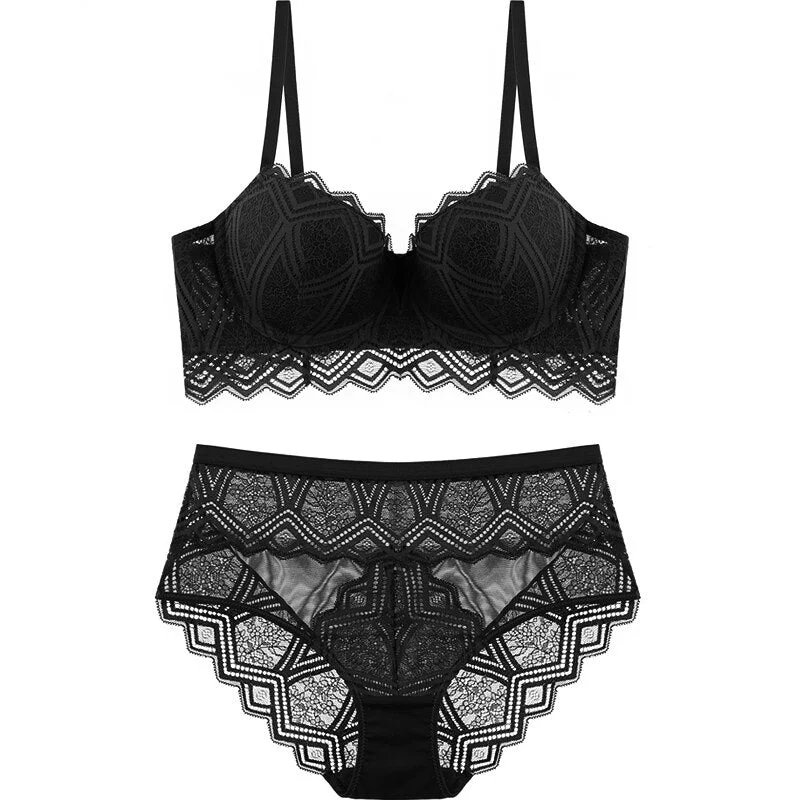 CINOON New Top Sexy Underwear Set Push-up Bra And Panty Sets Hollow Brassiere Gather Sexy Bra Embroidery Lace Lingerie Set