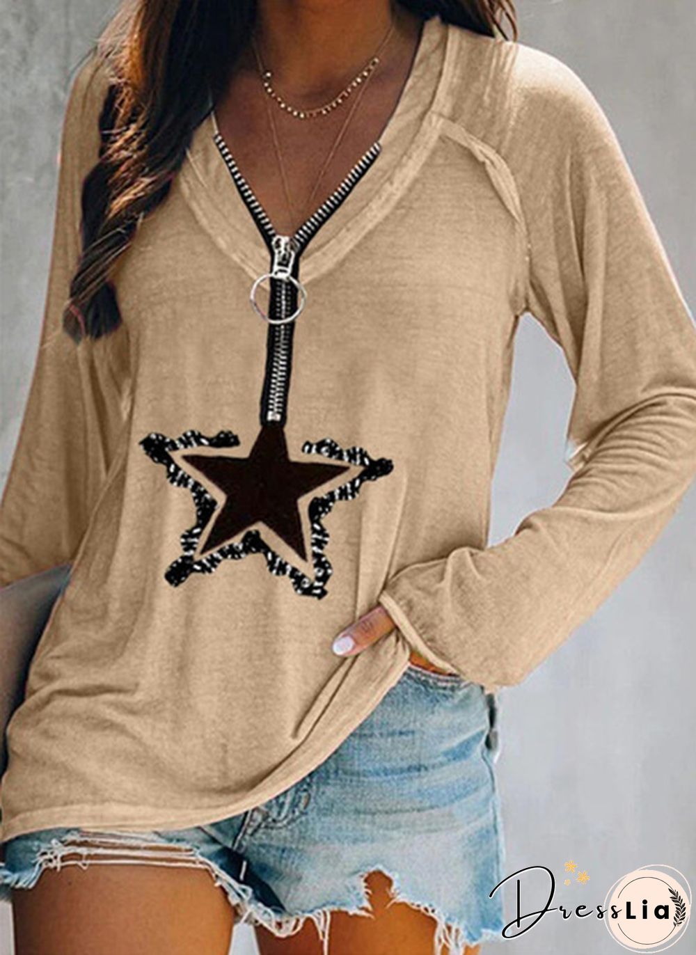 Womens Fashion Clothes Casual Spring Summer Long Sleeved T-shirts Zipper Tops Ladies Autumn Winter Deep V-neck Blouse Plus Size Loose Cotton Shirts