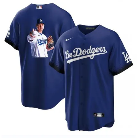 Men's Los Angeles Dodgers #17 Shohei Ohtani Blue Big Logo City Connect Cool Base Stitched Jersey HFRE