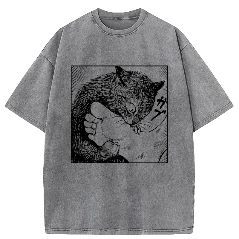 Cat Bites Feet Washed T-shirt elevenforest