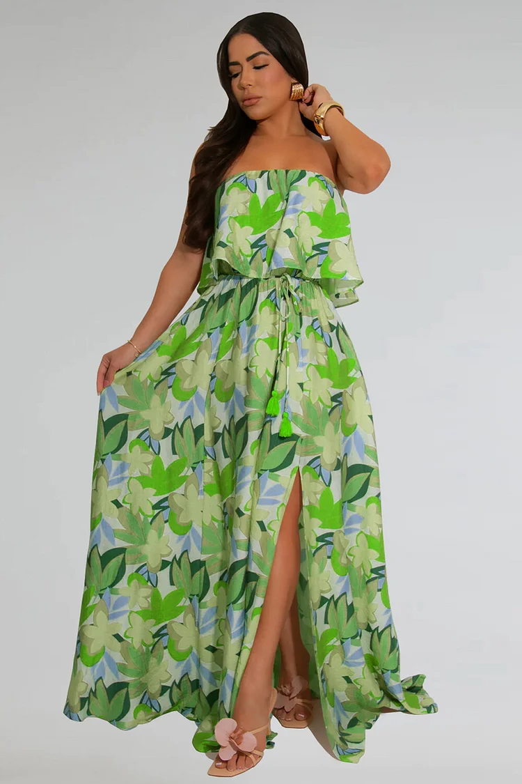 Floral Print Boat Neck Strapless Overlay Slit Hem Vacation Maxi Dresses-Green