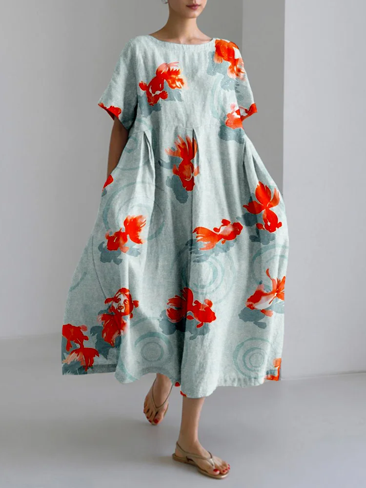 Comstylish Japanese Goldfish Art Linen Blend Comfy Maxi Dress