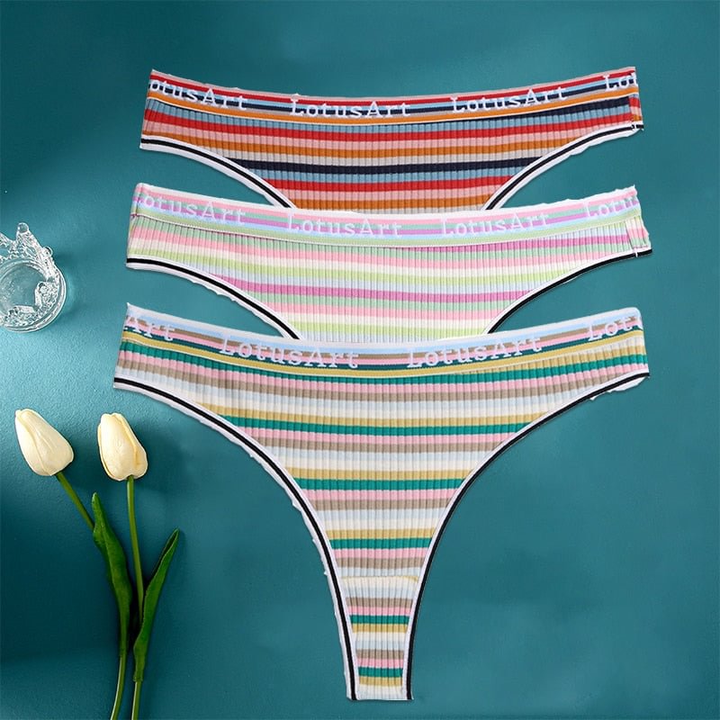 FINETOO 3PCS/Set Women Cotton Seamless G-string Sexy Colorful Striped Lingerie Panties M-XL Thongs Female Underwear Intimates