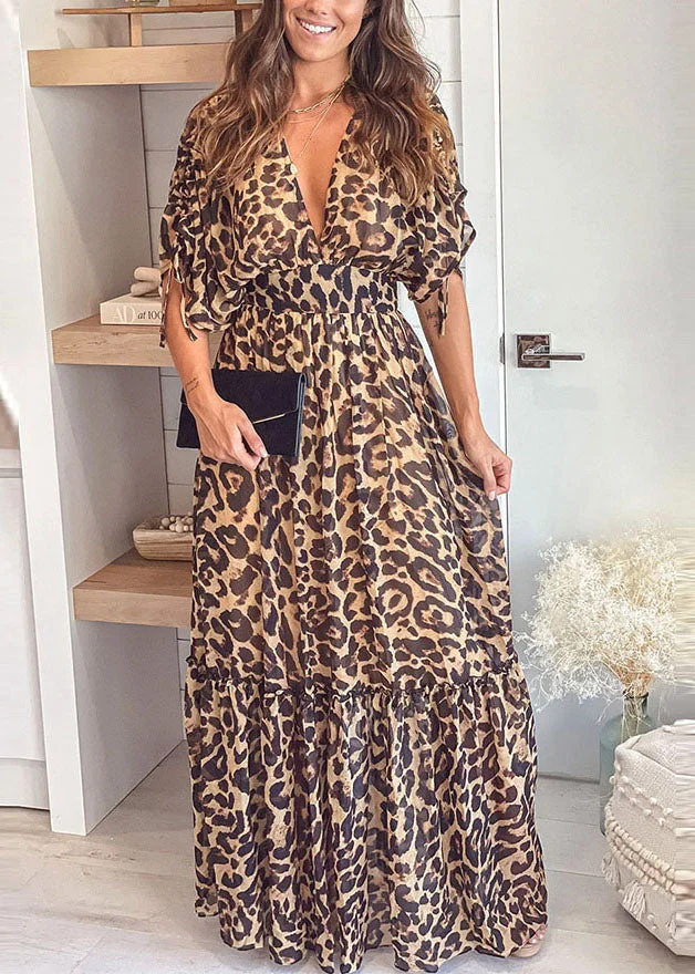 Boutique V Neck Leopard Print Patchwork Ruffled Cinch Long Dresses Short Sleeve