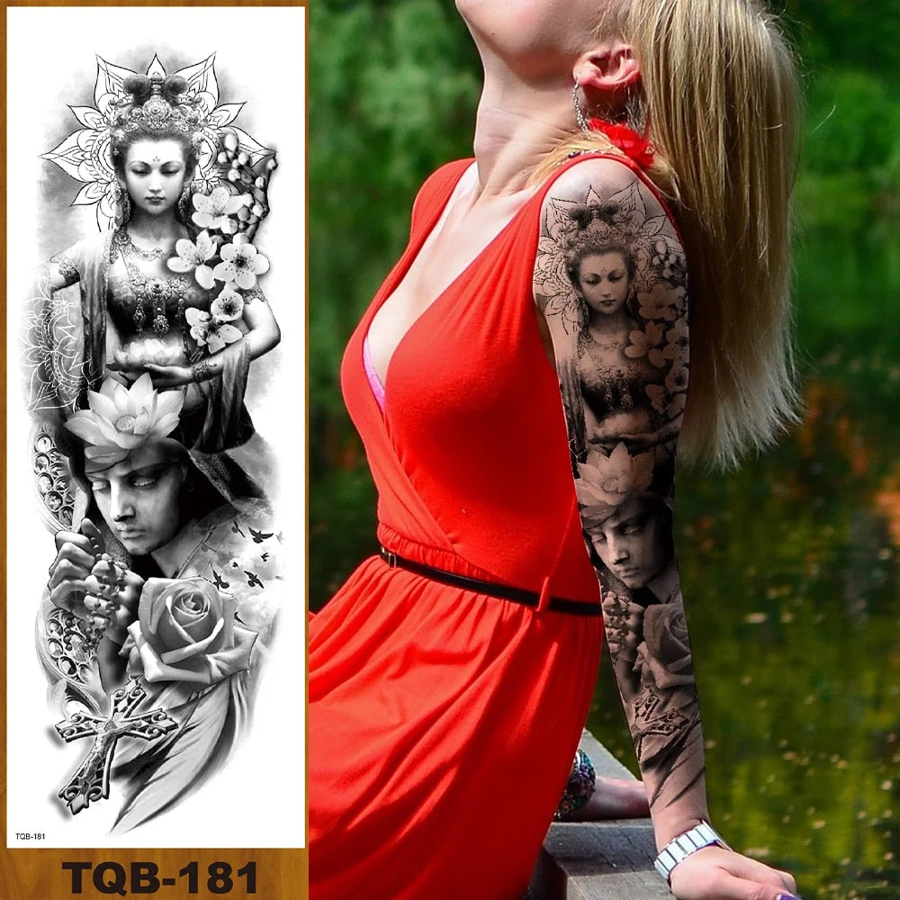 Full Flower Arm Temporary Tattoos Stickers Man Woman Girls Leg Fake Tatoo Lotus Buddhism Pray Cross Wing Drop Shipping DIY