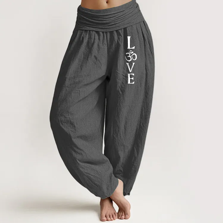 Plain Om Symbol Pattern Women's Elastic Waist Harem Pure Cotton Pants