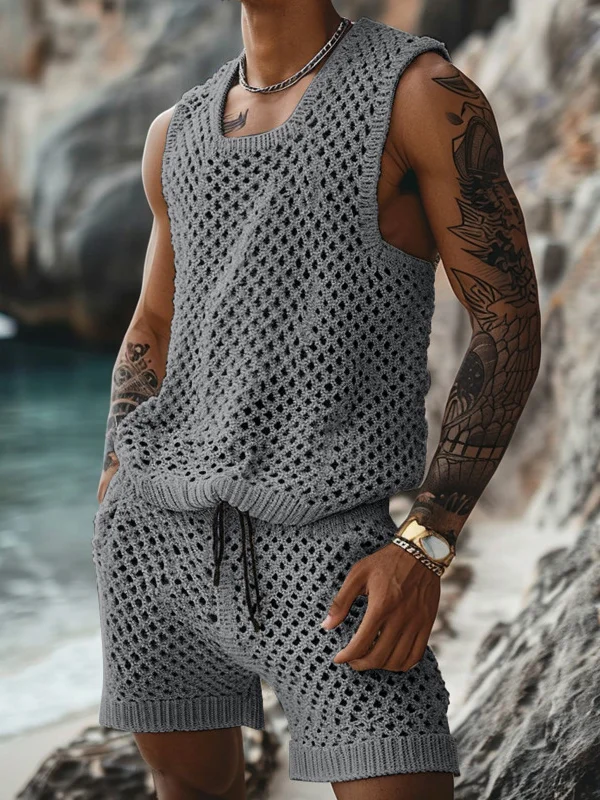 Men's Casual Hollow Out Knit Tank Top Drawstring Shorts Matching Set