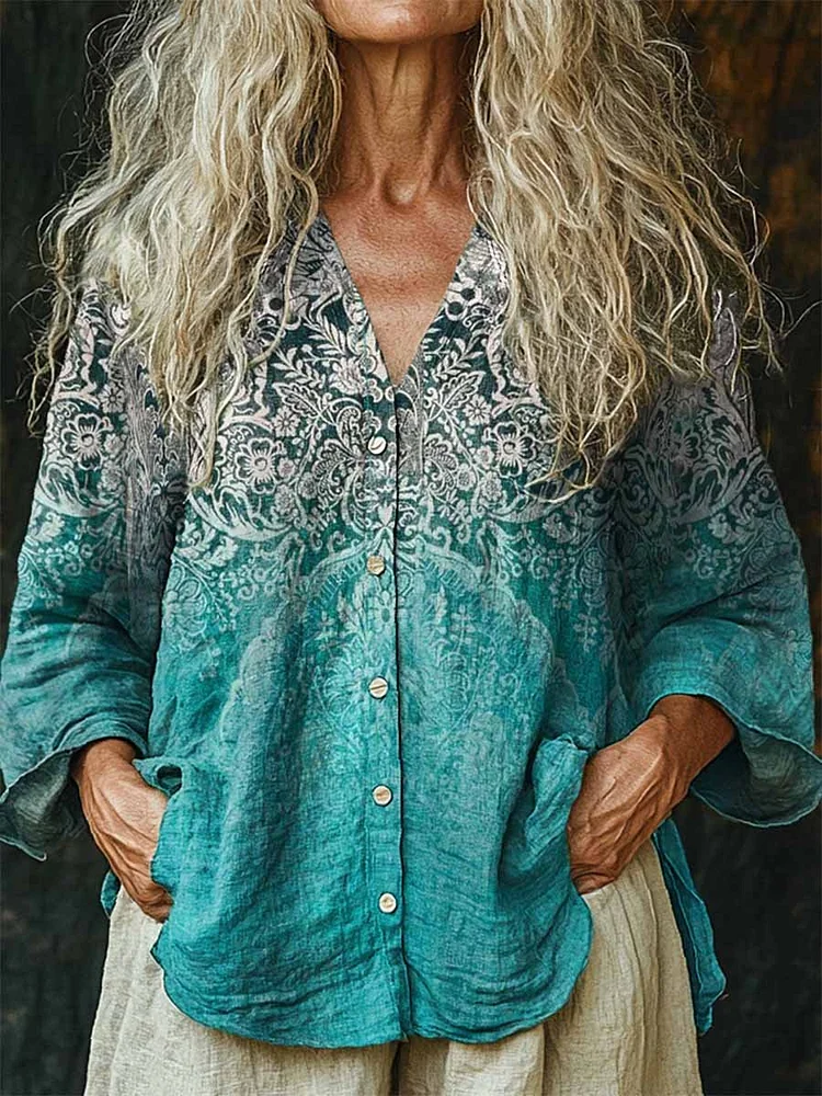 Women's Boho Ethnic Gradient Flower Print Linen And Cotton V-neck Casual Shirt