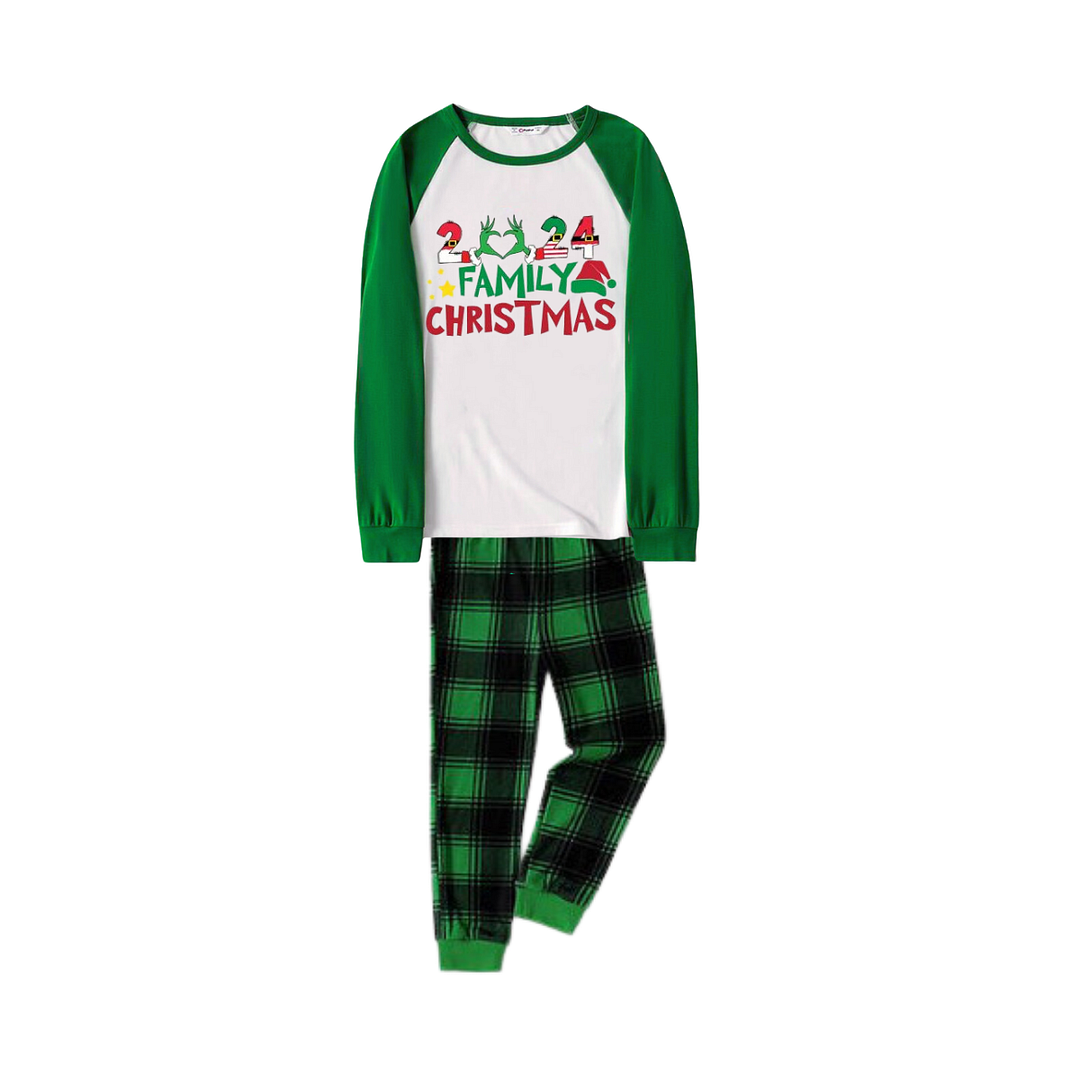 Cute Family Christmas 2024 Print Long Sleeve Top With Green & Black Plaid Christmas Matching Pajamas