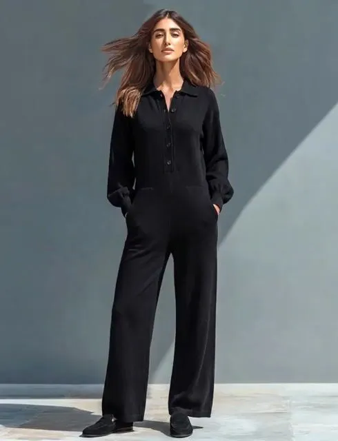Women's Casual Knit Collared Single-Breasted Jumpsuit