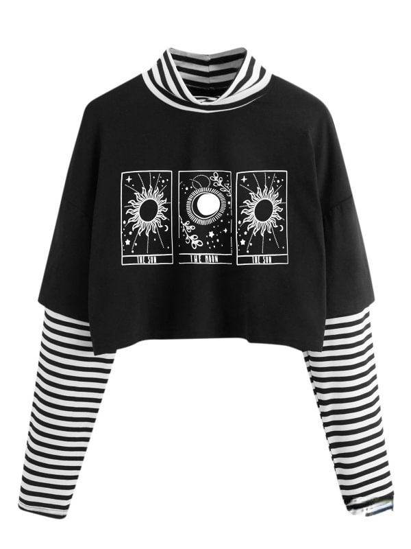 Casual Street Fashion Paneled Color Block Strips Crop Sweatshirt