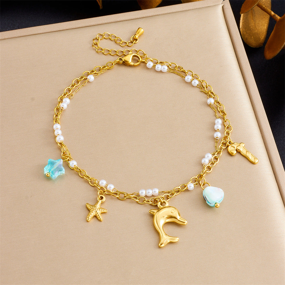 Fashion Beach Ocean Style Shell Dolphin Starfish Stacking Chain Double Layer Stainless Steel Anklet For Women