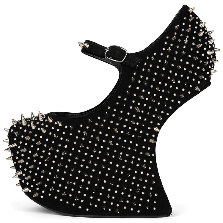 Black Square Toe Wedge Studded Mary Jane Platform Shoes |FSJ Shoes
