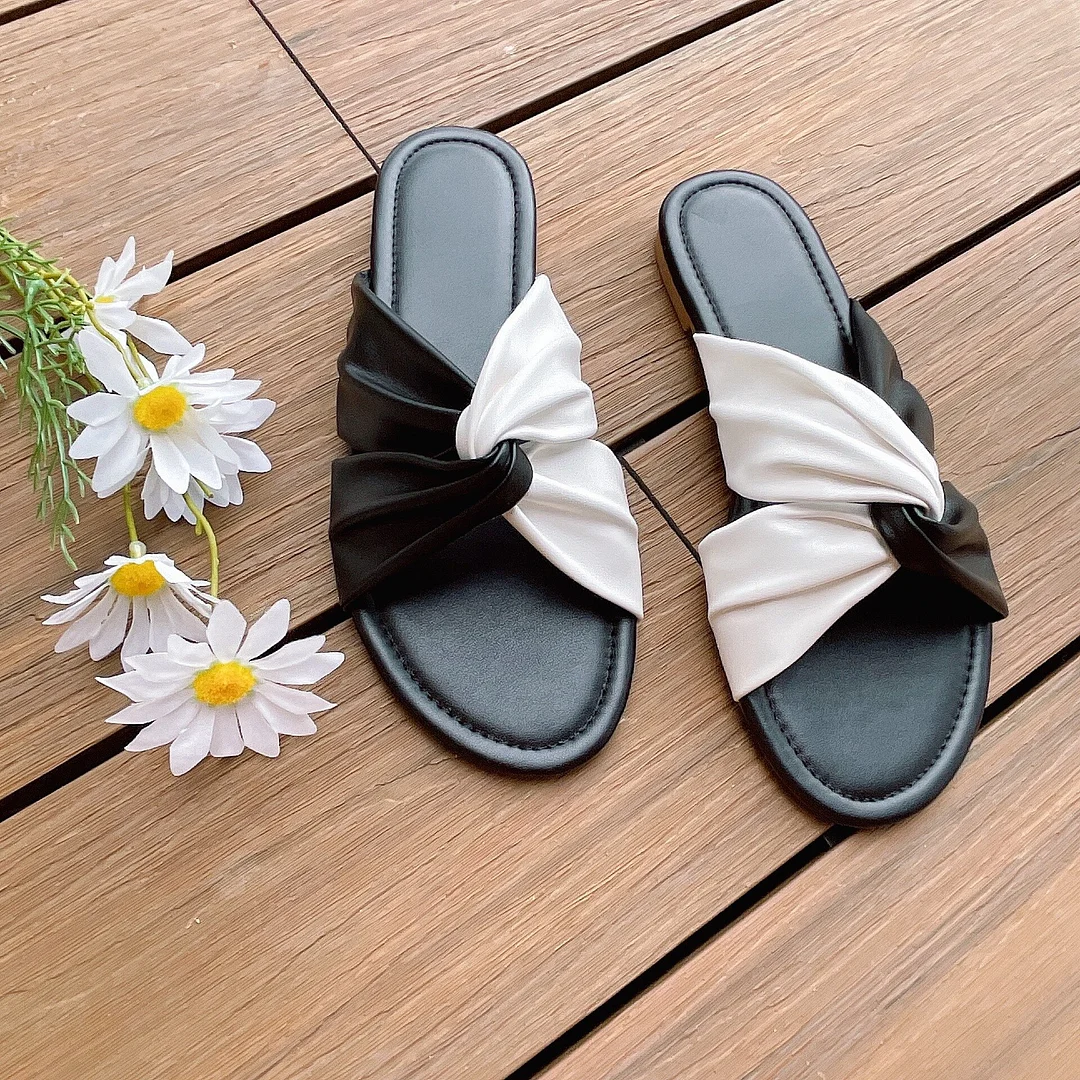 Qengg Beach Women's Slippers Large Size Female Summer Shoes Stitching Cross Mixed Color Leisure Soft PU Leather Woman Slides