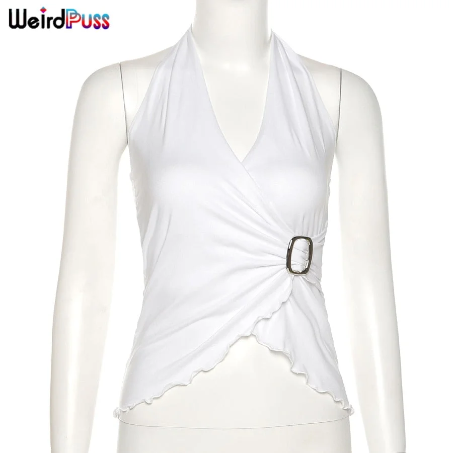Weird Puss Y2K Fashion Women Bandage Halter Tank Top Elegant Sleeveless Backless Button Asymmetry Solid Casual Streetwear Vest