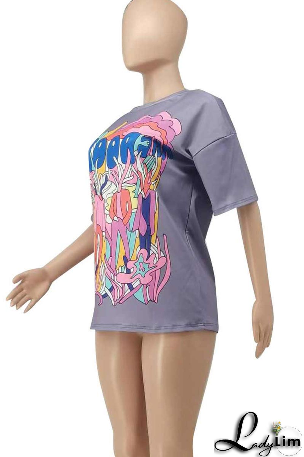 Light Purple Casual Print Patchwork O Neck T-Shirts