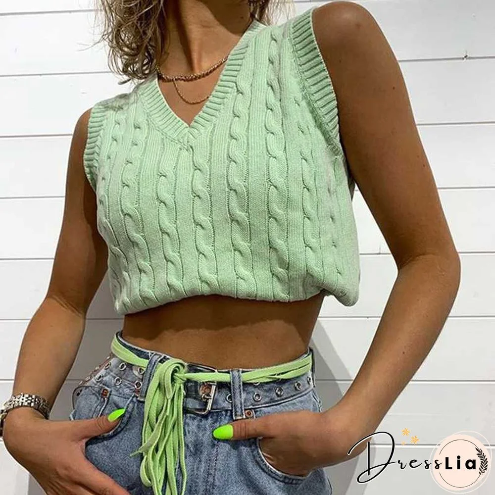 Checkered Cropped Knitted Tank Argyle Sleeveless Jumper