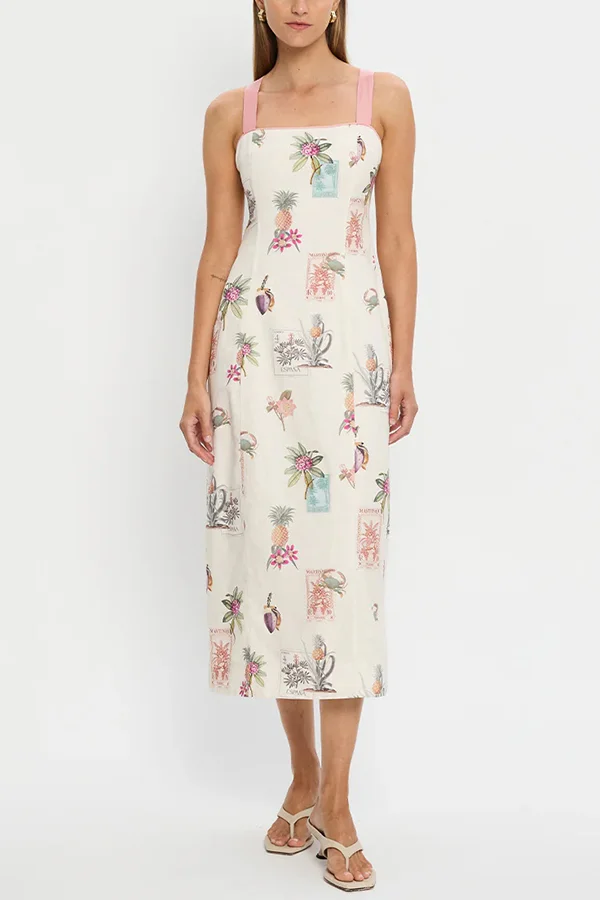 Plant Print Sleeveless Square Neck Open Back Tie Casual Midi Dress
