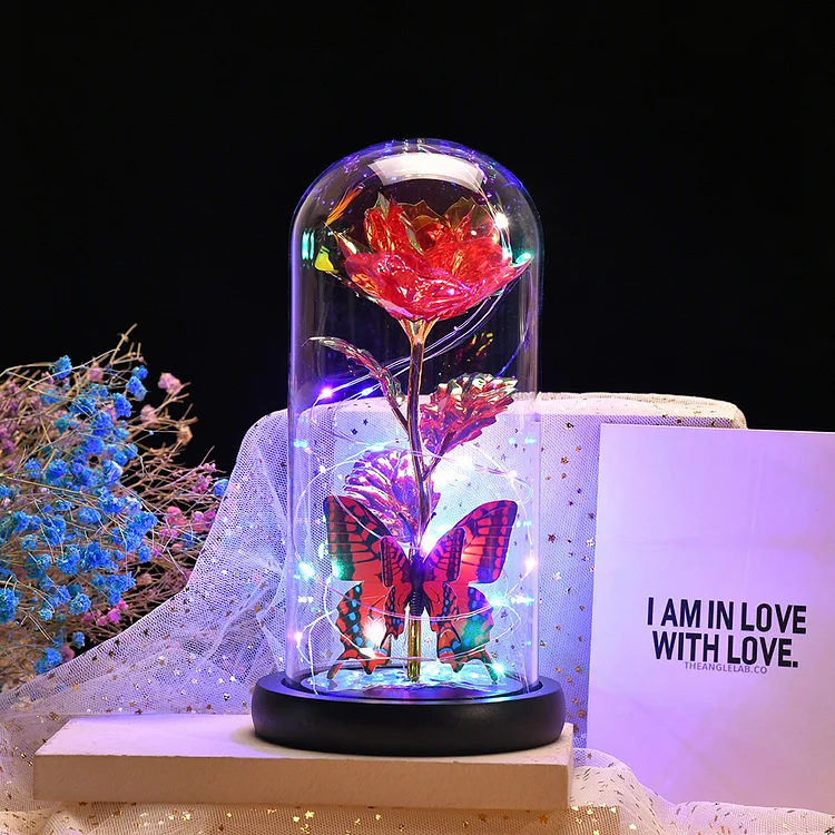 LED Light Butterfly Glass Cover Gold Rose Everlasting Flower